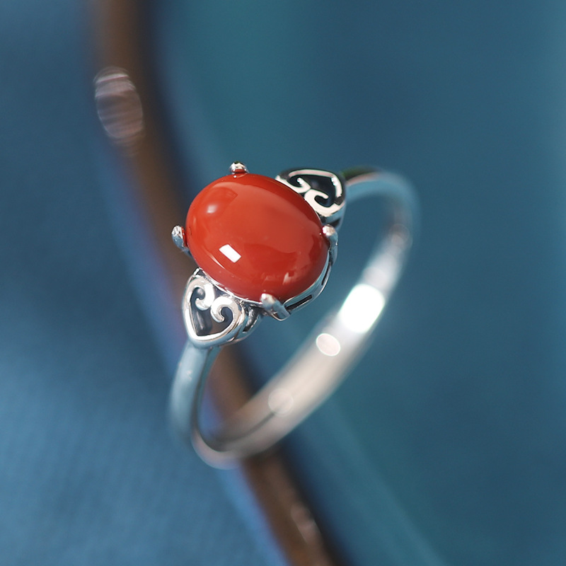 925 silver retro fashion four-claw auspicious cloud pattern oval stone ring