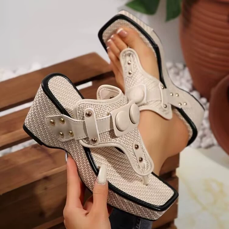 Bohemian прохладный склон с толстым дном, сандалии, заклепки, элегантный, вечеринка, простой, сплошной цвет, лето