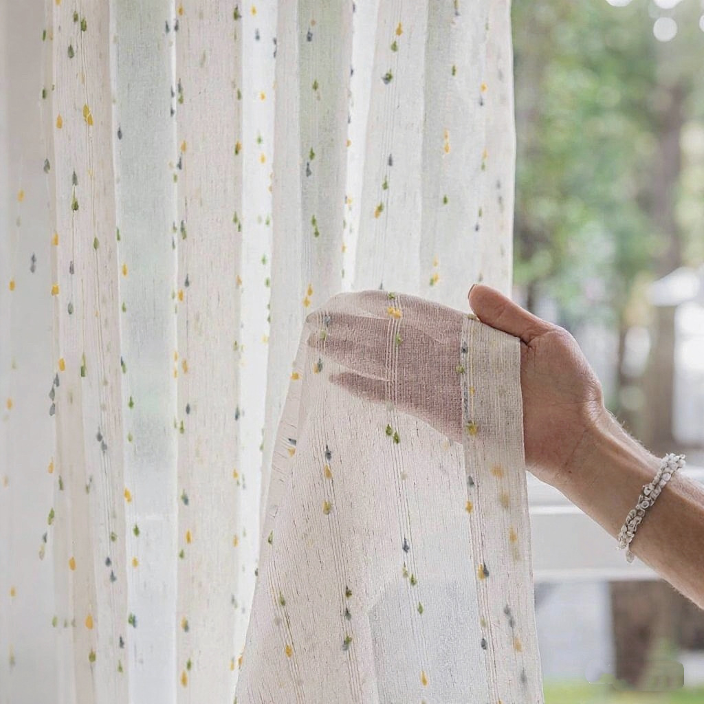 カーテンのカーテンのメーカーの布地の卸売りの完成品は国境を越えて対外貿易の窓の紗の虹の砂糖の豆の亜麻の紗のカーテンの子供の窓の紗です。