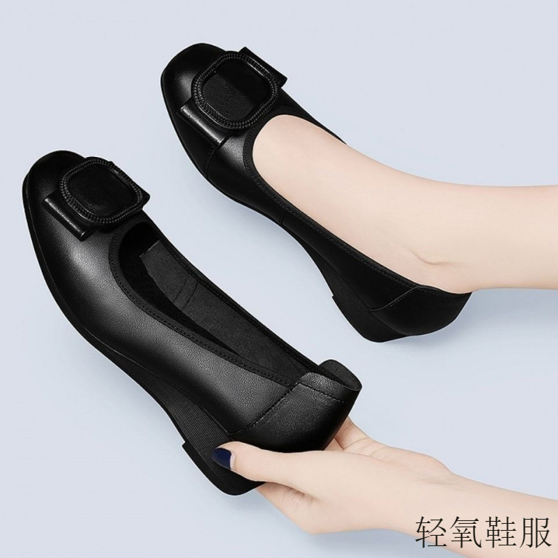 专业鞋真皮坡跟单鞋女2025年新款春夏平底黑色软底软皮妈妈小皮鞋|undefined