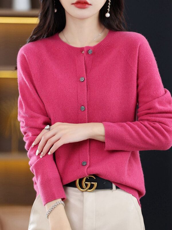 Knitwear cardigan women's autumn and winter New Korean style round neck outer base shirt solid color osmanthus needle loose coat top Knitwear cardigan women's autumn and winter New Korean style round neck outer base shirt solid color osmanthus needle loose coat top