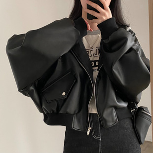 2025 Spring and Autumn New Color Block Retro Zipper Pocket Top Loose and Easiest for Match Fake Two-Piece Hooded Leather Tops for Women