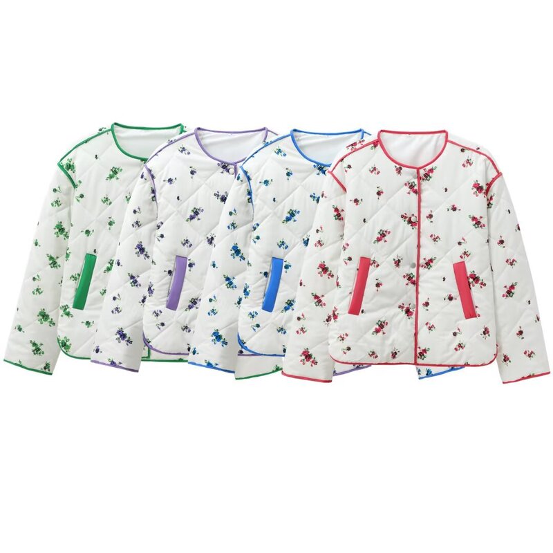 Cross-Border European and American Style Women's Autumn and Winter New Round Neck Loose Quilted Lightweight Printed Jacket Jacket with Pocket Cotton Jacket