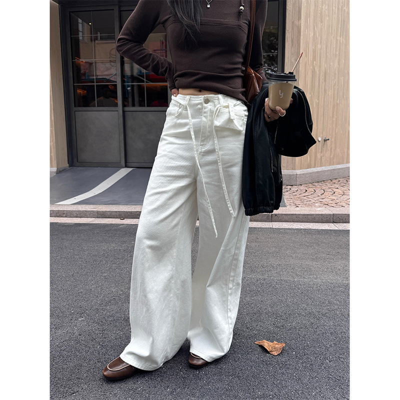 Huang Zheng Korean Style Casual Wide-Leg Jeans for Women High-Waisted Loose Draped Floor-Length Straight Pants 530059
