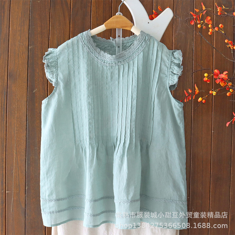 Summer 100% Ramie Lace Ruffled Small Flutter Sleeves Round Neck Delicate Pleated Babydoll Shirt Ramie Blouse