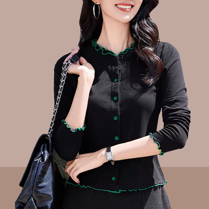 时尚百搭韩版修身款密边纽扣开衫短款小个子女装上衣小外套小衫女