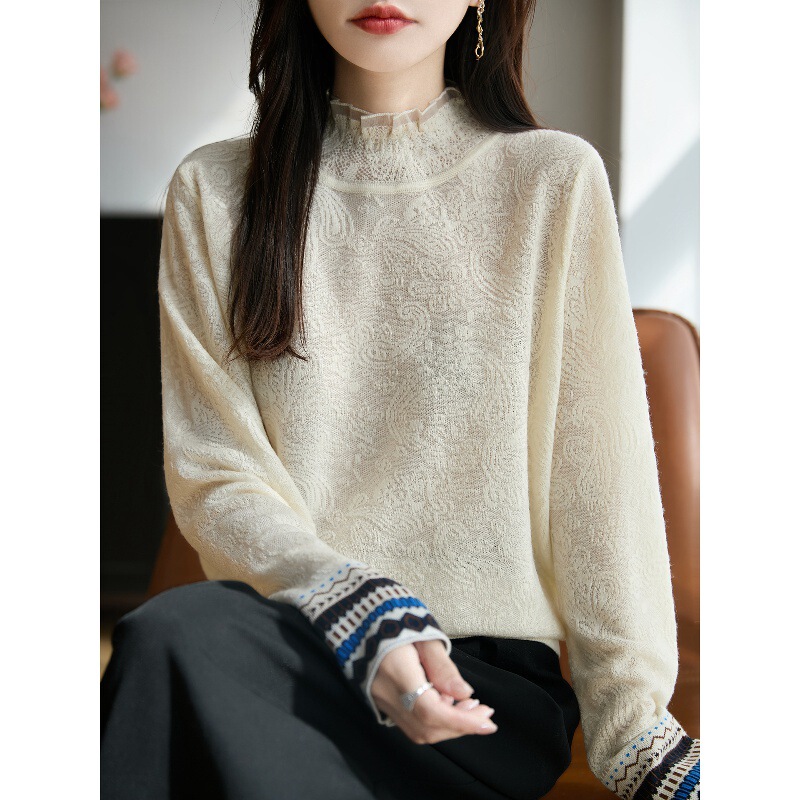 French-Style High-End Embossed Jacquard Fine-Spun Wool Knit Sweater for Women, 2026 New Model, Vintage Lace Collar, Stylish Base Sweater