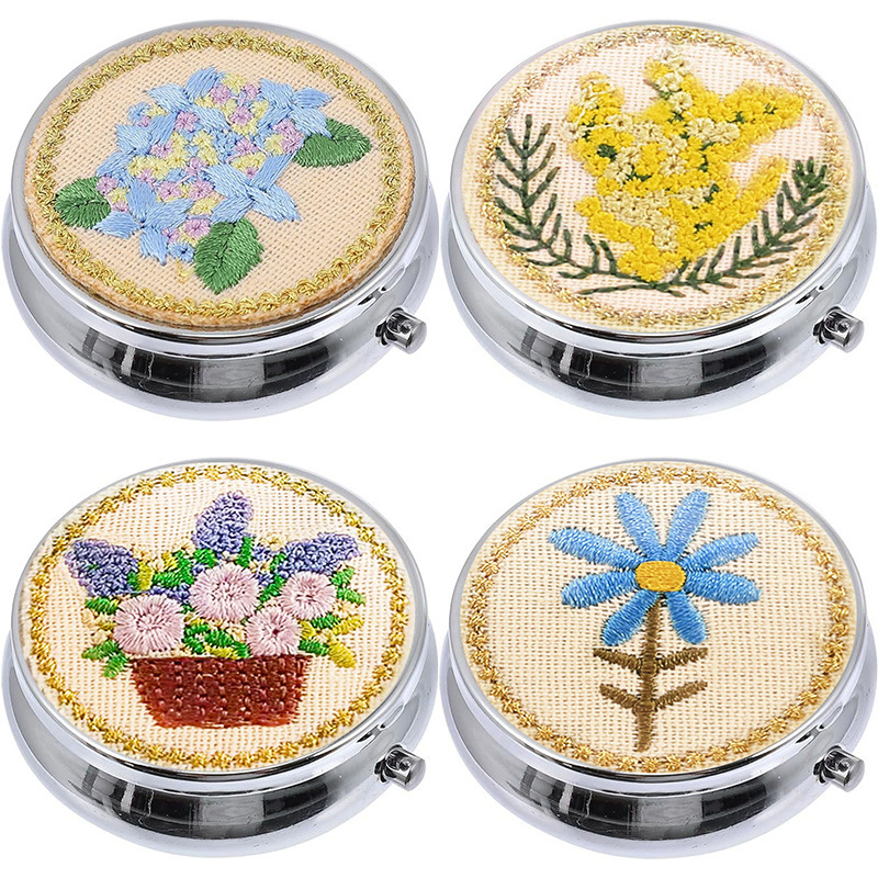 Amazon round metal pill box handmade embroidery applique pill box portable travel jewelry box three-grid packing box