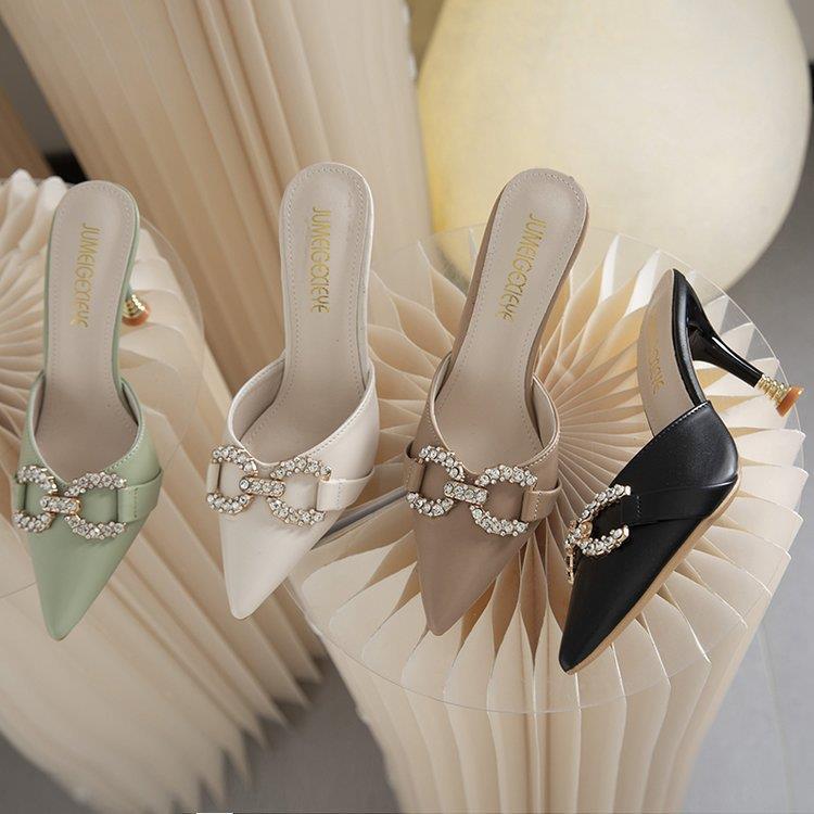Small Size French Rhinestone High Heels for Women 2023 Sandals and Slippers, Fashionable and Versatile Pointed Toe Thin Toe Mule Half Slippers for Women Small Size French Rhinestone High Heels for Women 2023 Sandals and Slippers, Fashionable and Versatile Pointed Toe Thin Toe Mule Half Slippers for Women