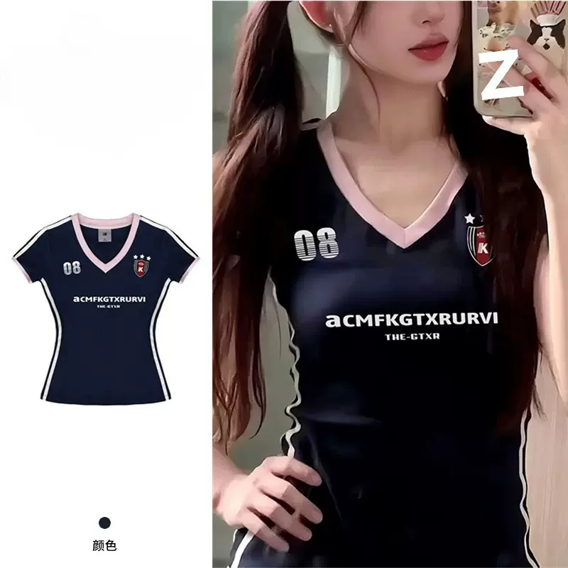 美式复古藏青色v领短袖t恤女夏季正肩纯欲风修身上衣