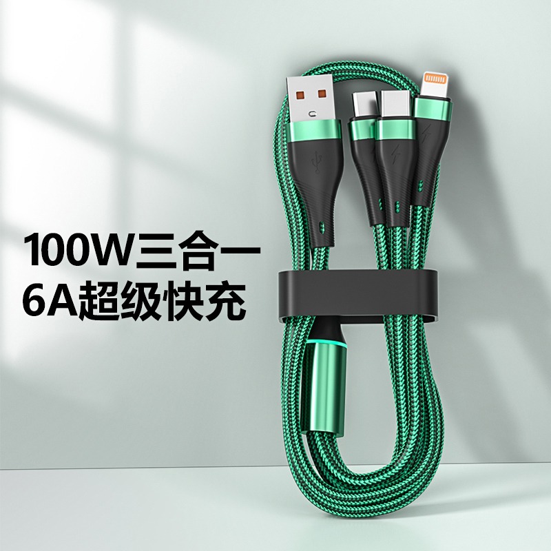 Cable de carga tres en uno, uno a tres, carga súper rápida de 120W para teléfonos Android de tipo C de Apple Huawei