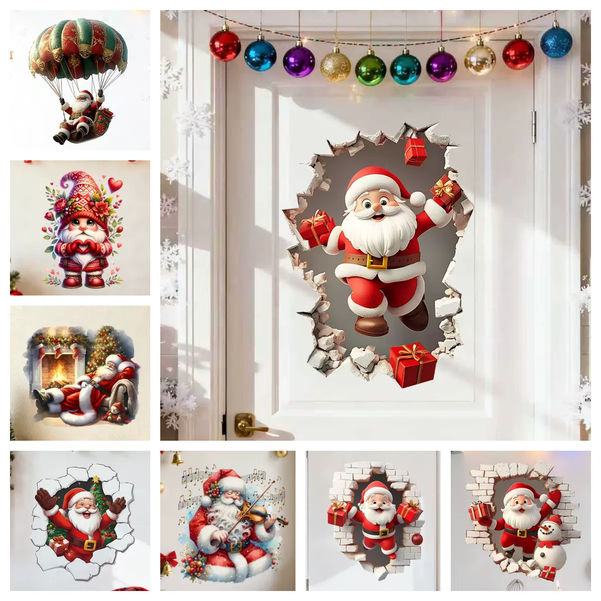 新款圣诞老人花环贴纸 卧室客厅商店橱窗节日装饰品自粘PVC墙贴