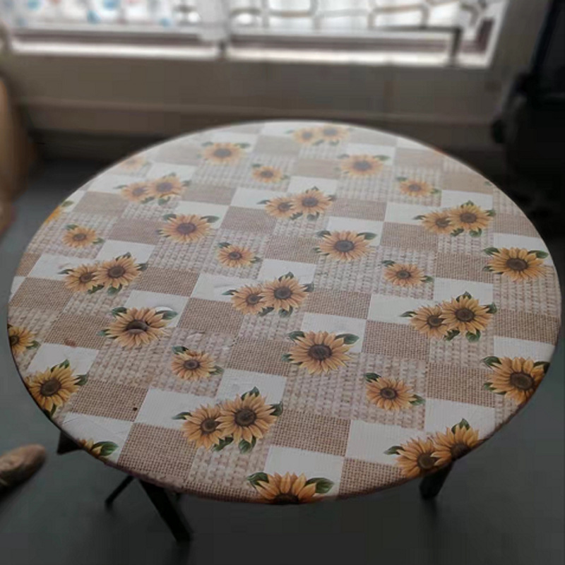 Mantel redondo de PVC transfronterizo impermeable y a prueba de aceite forrado de vellón grueso transparente impreso mantel de plástico banda elástica mantel de grano de madera