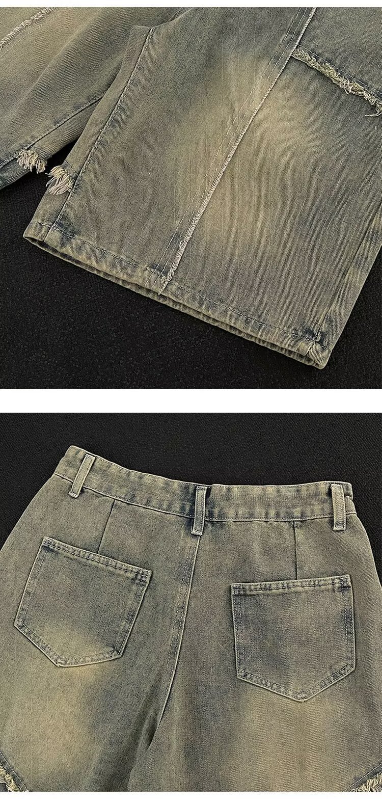 Men's Denim Shorts Retro Distressed Frayed Patchwork Loose Fit_voghion.com