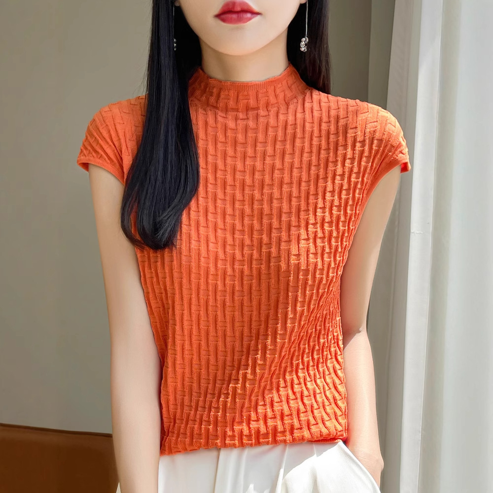 반 높이 칼라 반팔 티셔츠 여성용 여름 텐셀 니트 셔츠 얇은베이스 셔츠 2025 새로운 대나무 탑 반팔