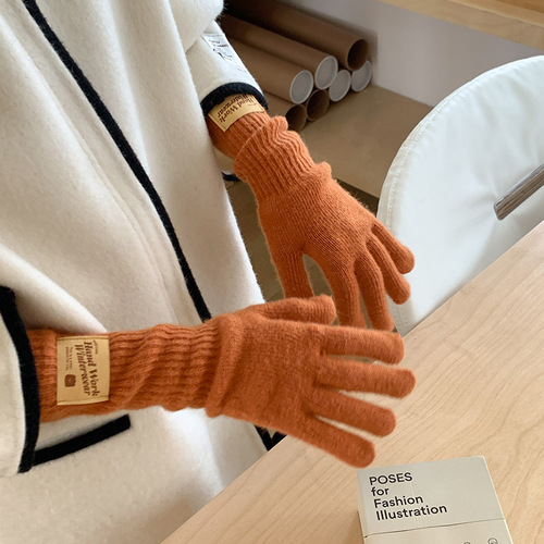 Long wool gloves for women, knitted with letters and car logos, warm, college style, five-finger, suitable for cycling men