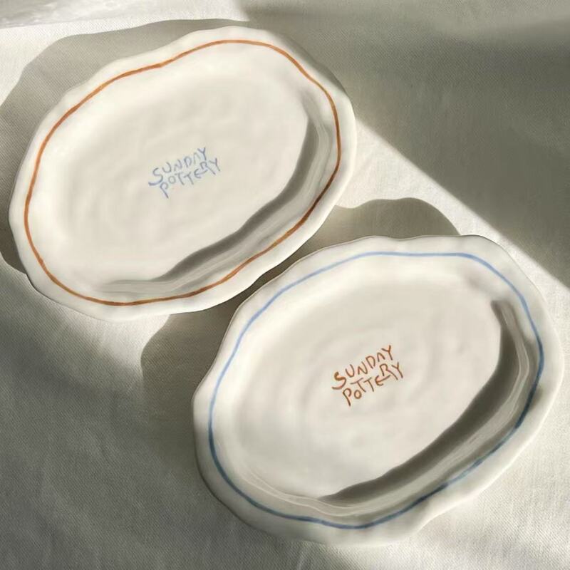 South Korea Ins Blogger Simple Irregular Line Ceramic Dessert Plate Cake Plate Butter Jam Spatula