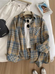 文芸復古白黄青格子シャツ女子春秋モデルのゆるいカジュアルな中性毛磨きシャツのカーディガンコート
