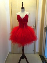 新款红色优雅显瘦羽毛抹胸蓬蓬裙生日宴会派对酒会短款晚礼服