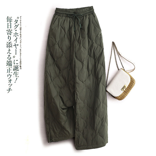 Lace elastic waist diamond-lined cotton pants for women's autumn and winter new style literary large-size loose windproof warm wide-leg pants