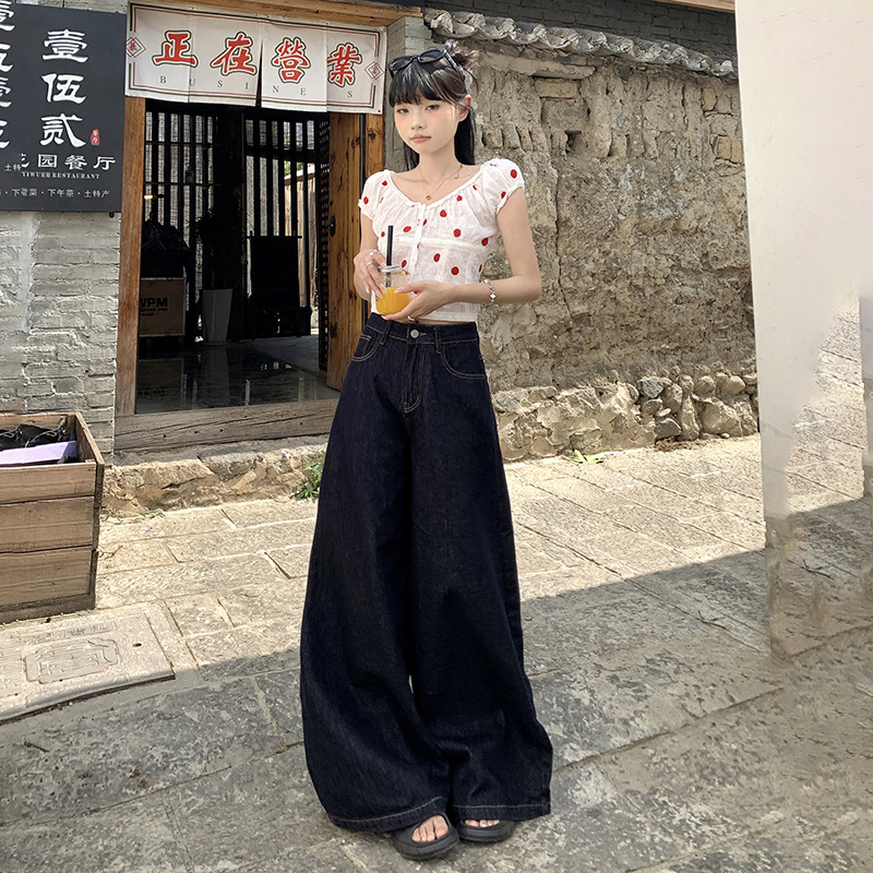 高腰阔腿牛仔裤女秋季2026新品深蓝复古宽松百搭显瘦垂感拖地裤子