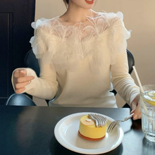 锦倩 小香风纯欲羽毛上衣女春秋新款打底衫长袖内搭针织衫 修身型