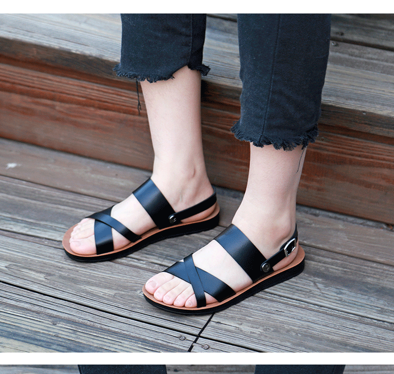 Dép sandal nữ quai ngang đế bằng, dép đi biển thoáng khí mùa hè — Màu vàng, Nâu Đen chi tiết 10