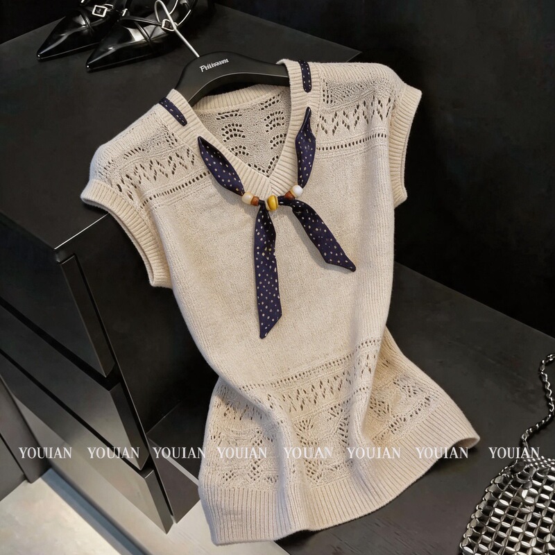 Bohemian V-neck silk scarf collar hollow-out knitted short-sleeve t-shirt for women, thin loose sleeveless top for women A12352 Bohemian V-neck silk scarf collar hollow-out knitted short-sleeve t-shirt for women, thin loose sleeveless top for women A12352