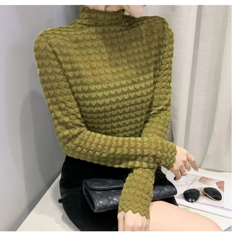 Maglia termica da donna a maniche lunghe con scollo a lupetto e pizzo floccato - Elegante capo da indossare a strati per l'autunno e l'inverno_voghion.com