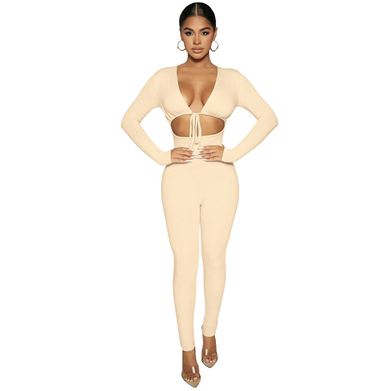 women's solid color lace-up long-sleeved tight-fitting jumpsuit nihaostyles clothing wholesale NSLJ76035