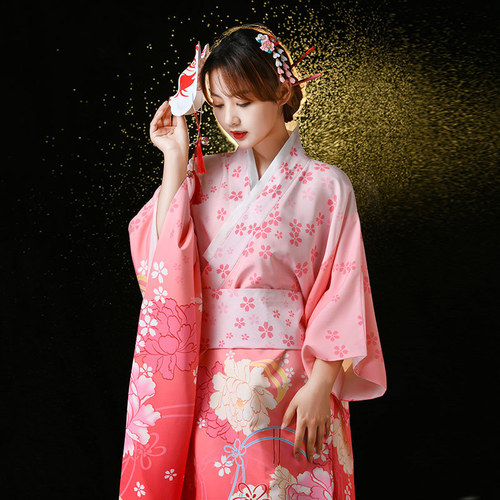 Women stage performance cosplay Japanese kimono clothing Japanese formal wear COS pink modified yukata Japanese style Photo kimono