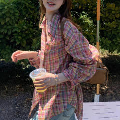 im向 格纹集市’宽松慵懒复古格纹长袖薄款防晒衬衫休闲上衣女