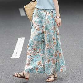 2026夏季新款文艺复古印花宽松阔腿裤九分休闲裙裤女