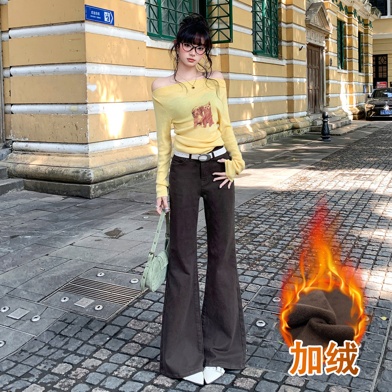 【Jinyin】American Retro Flared Jeans for Women, New Autumn/Winter Versatile Slim Fit, Slimming, Draped, Floor-Length, Fleece-Lined