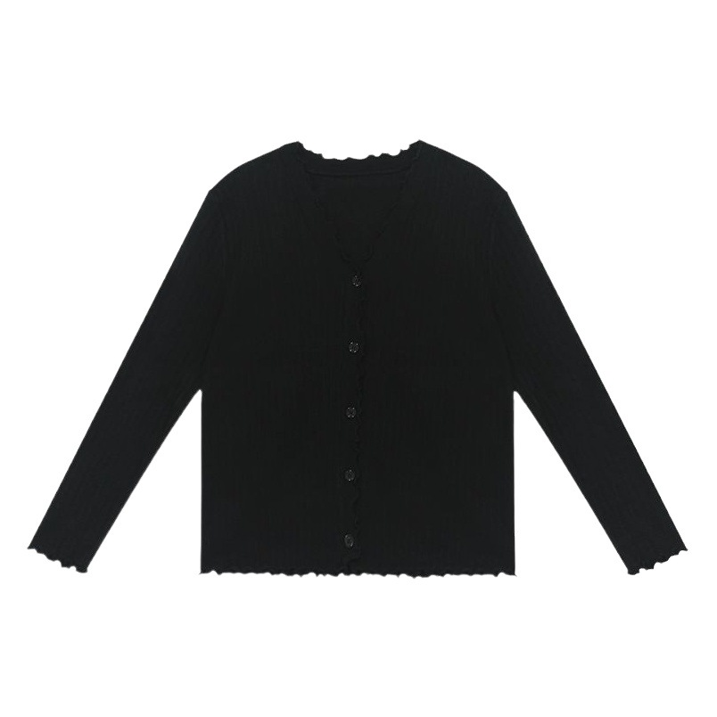 Autumn Long-sleeved Design Niche Top White Wood-ear V-neck Knitted Cardigan Sweater Jacket Base Shirt for Women