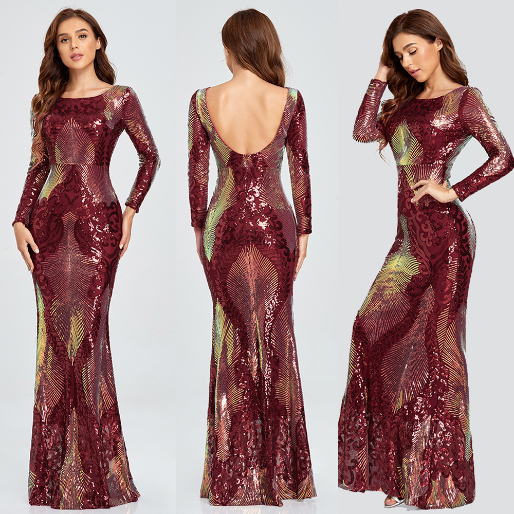 Nuevo 2024 primavera y otoño elástico elegante más tamaño de alta cintura manga larga cuello redondo backless sequined fishtail vestido noche para las mujeres