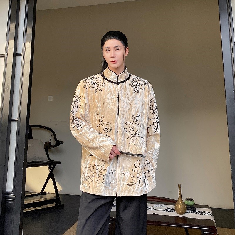 Chinese trendy pleated Diamond velvet jacquard stand collar improved cheongsam Tang suit shirt men's new Chinese velvet top