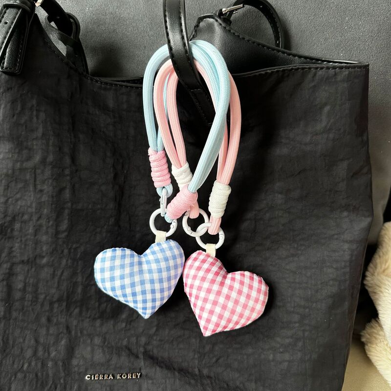 Blue Plaid Fabric Love Small Pendant Mobile Phone Chain Key Pendant Girl's Heart Lanyard Accessories Nylon Rope Blue Plaid Fabric Love Small Pendant Mobile Phone Chain Key Pendant Girl's Heart Lanyard Accessories Nylon Rope