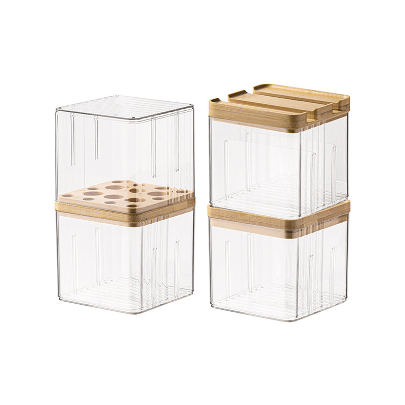 Caja de almacenamiento transparente de escritorio, cosméticos de escritorio, cepillo de maquillaje, caja de almacenamiento de madera, lápiz labial, estante de maquillaje