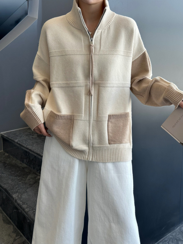 新款秋冬25年加厚特色撞色口袋宽松针织开衫毛衣拉链款|undefined
