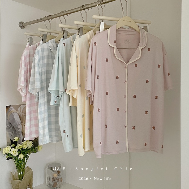 3221 Ice Silk Pajamas for Women, Summer Bear Plaid Print Cool Set, Button Cardigan, Short-Sleeve Loungewear, Export