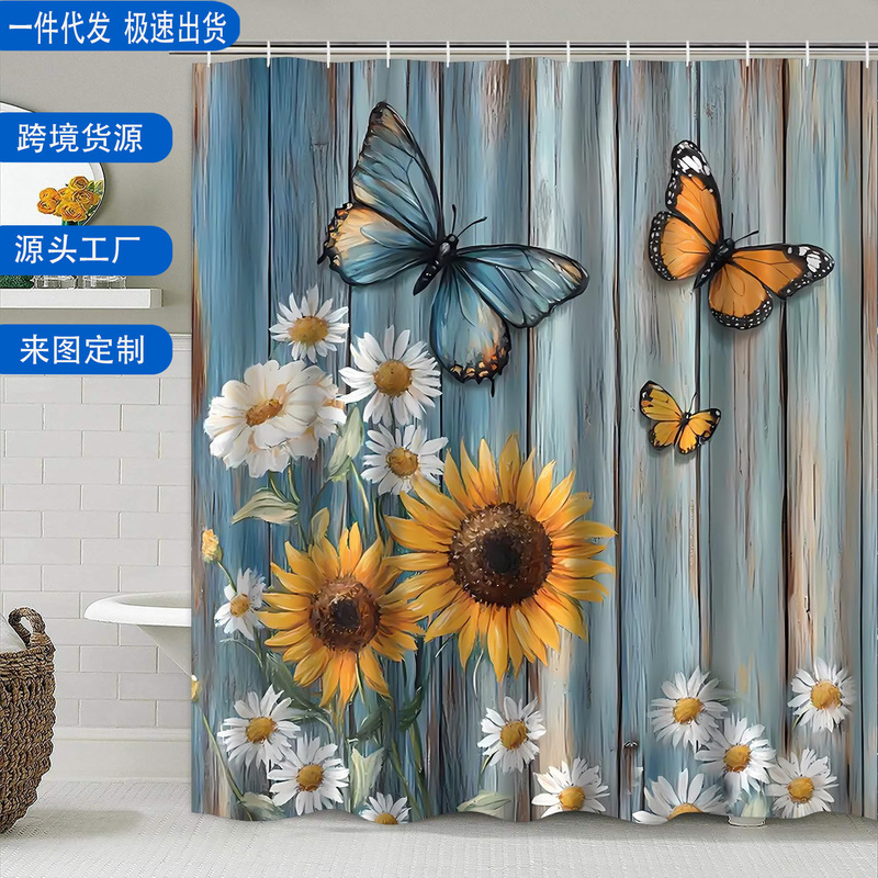 1 piece of rustic light blue butterfly and sunflower set for bathroom decoration with shower curtain accessories, includes 12 hooks 1 piece of rustic light blue butterfly and sunflower set for bathroom decoration with shower curtain accessories, includes 12 hooks