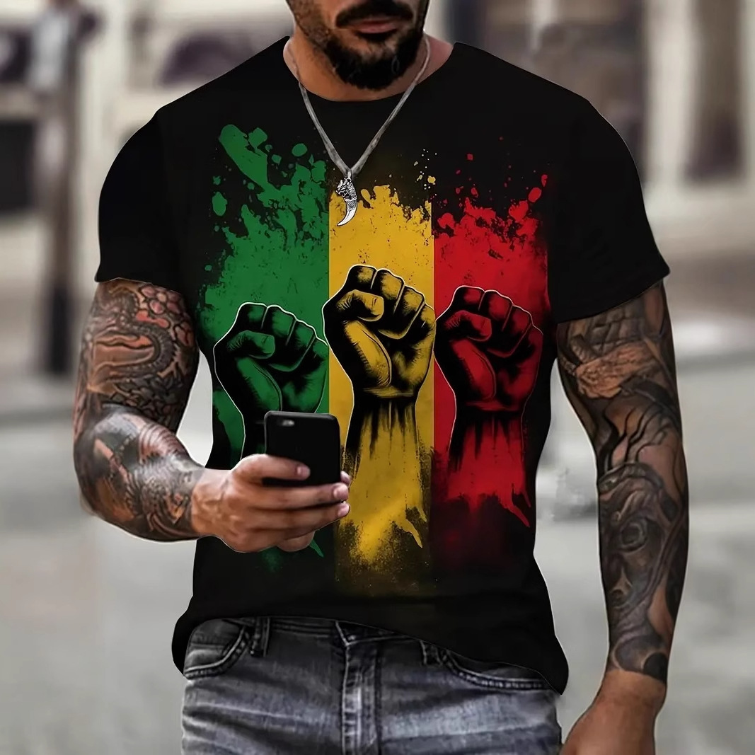 2024 venta caliente contraste color puños graffiti impresión 3D hombres calle moda suelta transpirable manga corta cuello redondo camiseta