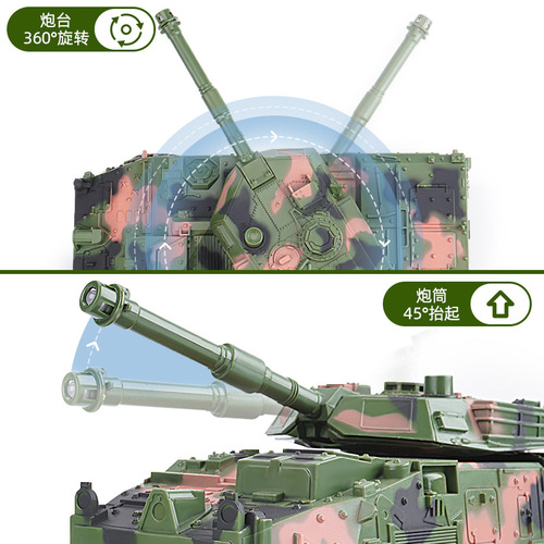 A large-scale, inertia track-based military armored vehicle toy simulation model for children, with durable and slideable features.