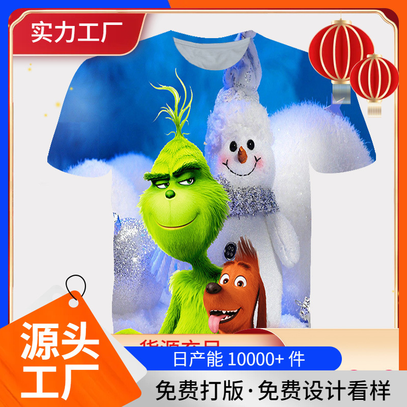 Animated Movie Green Furry Grinch 3D Digital Printing Fashion Casual Summer Short-Sleeved T-Shirt Trendy Brand