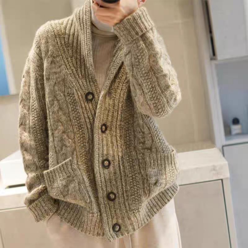 Trendy and Bold Heavyweight Men's Chunky Knit Thick Sweater Loose Cardigan Sweater Autumn Winter Coat