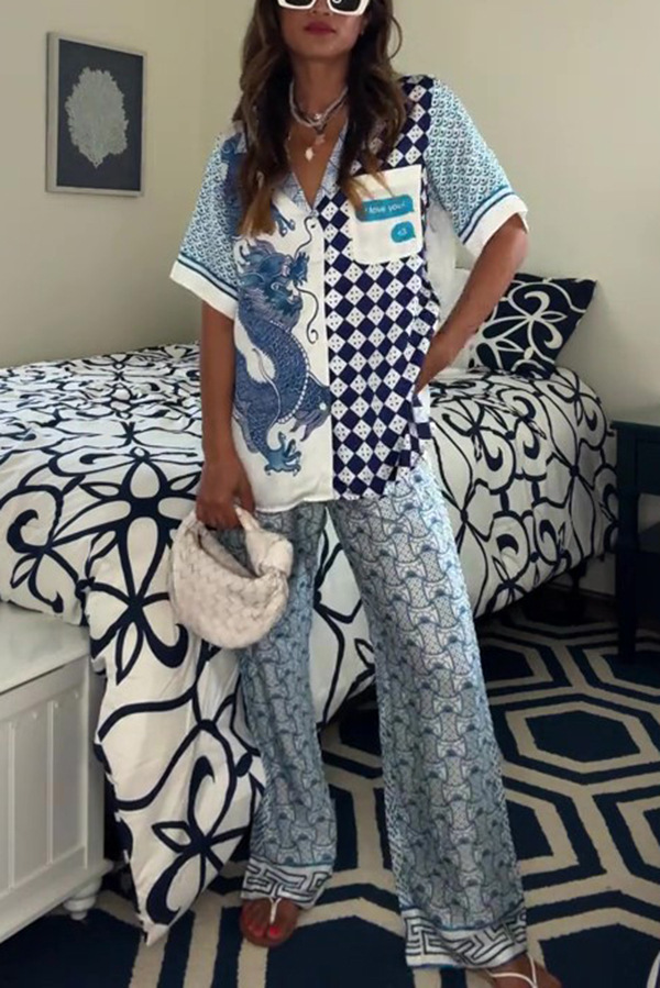 Holiday Occasion Shirt Collar Neckline Holiday Women's Vacation Simple Style Dragon Polyester Pant Co-ord Set Pants Sets