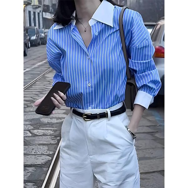 Blue Striped Collared Shirt for Women 2026 New Early Spring Loose Color-Blocking Long-Sleeve Shirt with a Stylish Design for Women Blue Striped Collared Shirt for Women 2026 New Early Spring Loose Color-Blocking Long-Sleeve Shirt with a Stylish Design for Women
