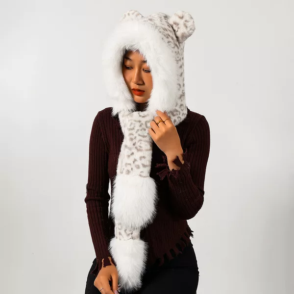 26 New winter mink fur hat and scarf set, thickened for warmth and cold protection, featuring a fashionable leopard print design