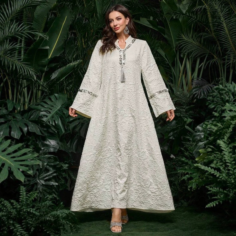 Cross-border European and American foreign trade plus-size loose dress with long sleeves, simple sequin lace splicing, tassels, elegant princess style Cross-border European and American foreign trade plus-size loose dress with long sleeves, simple sequin lace splicing, tassels, elegant princess style